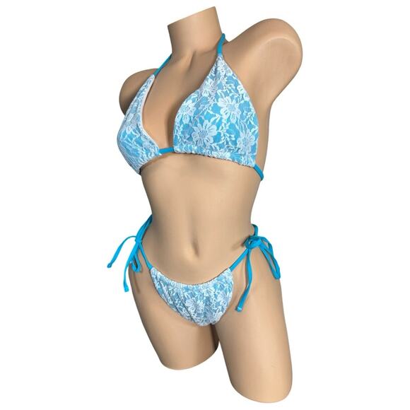 Boutique Women's Blue Bikini With Lace Overlay Large Set - Picture 7 of 14